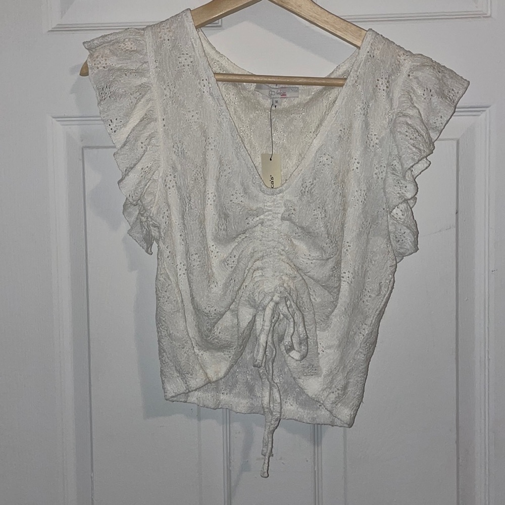 NWT Francesca’s Cinch Front Tie Shirt with Ruffle sleeves size medium